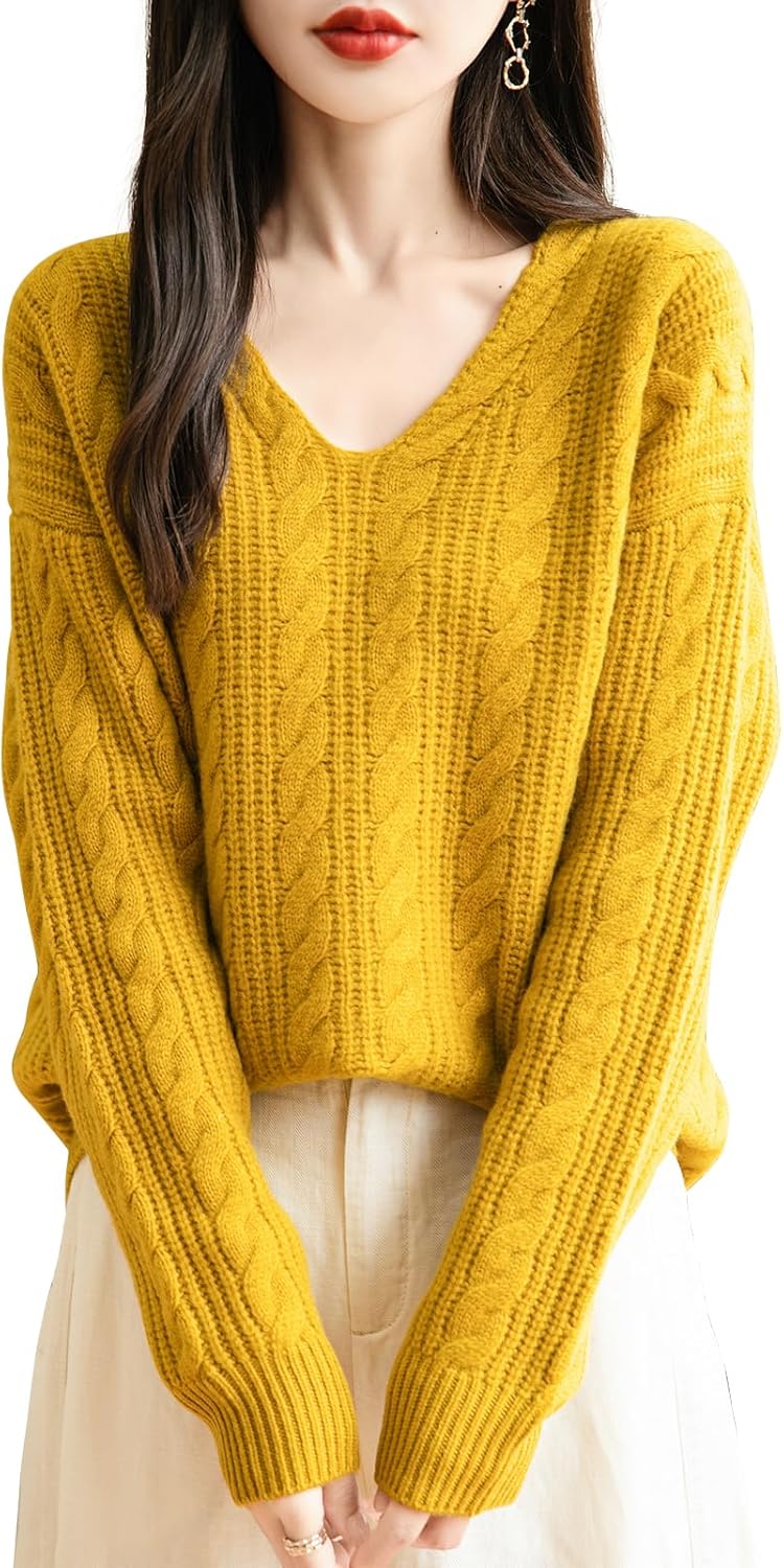 Chanyarn Women's V Neck 100% Merino Wool Oversized Sweater 2025 Fall Winter Vintage Cable Long Sleeve Knit Sweater