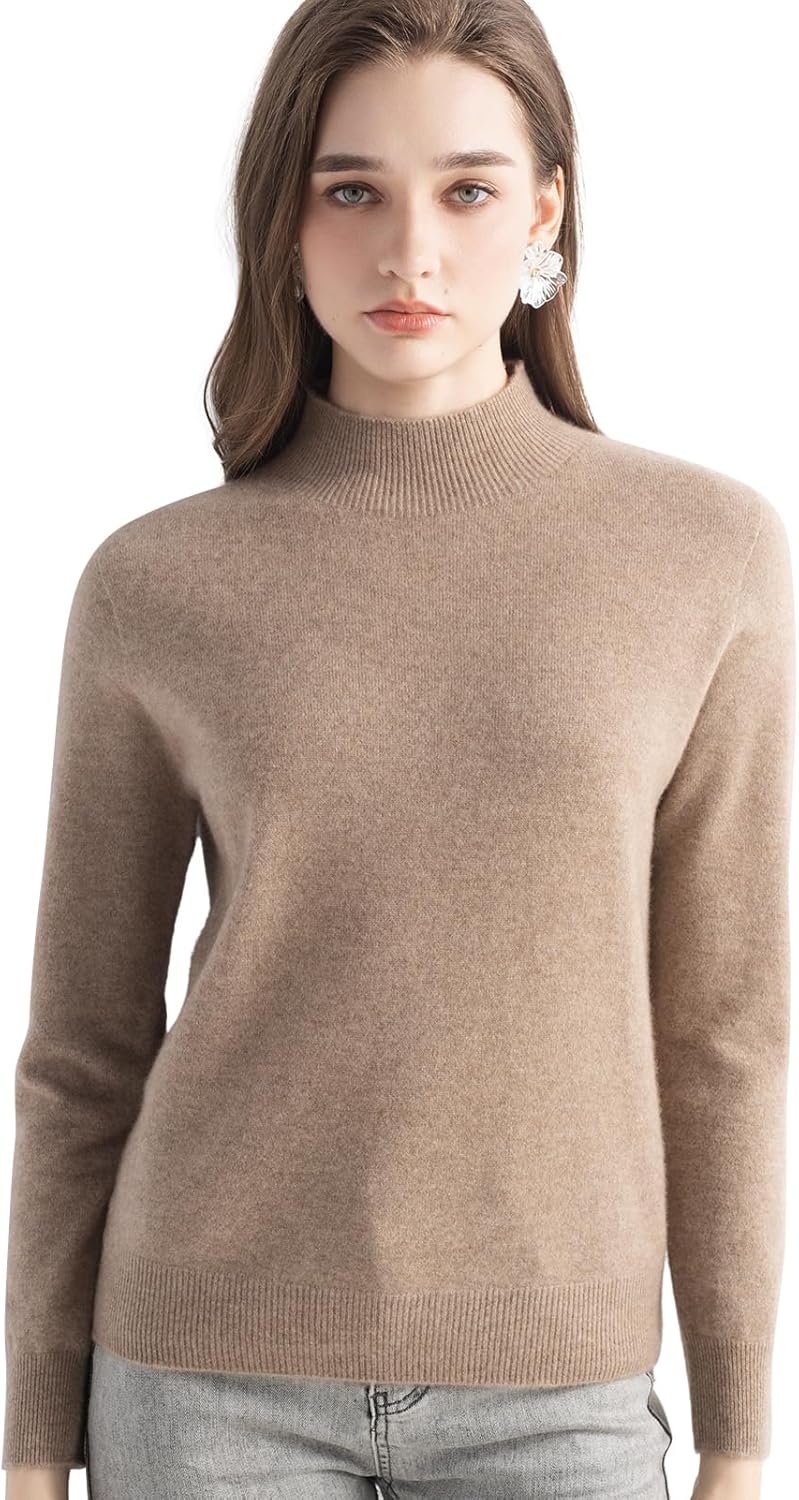 Women's 100% Pure Cashmere Sweater Mock Neck Long Sleeve Warm Leisure 2025 Fall Winter Knit Pullover