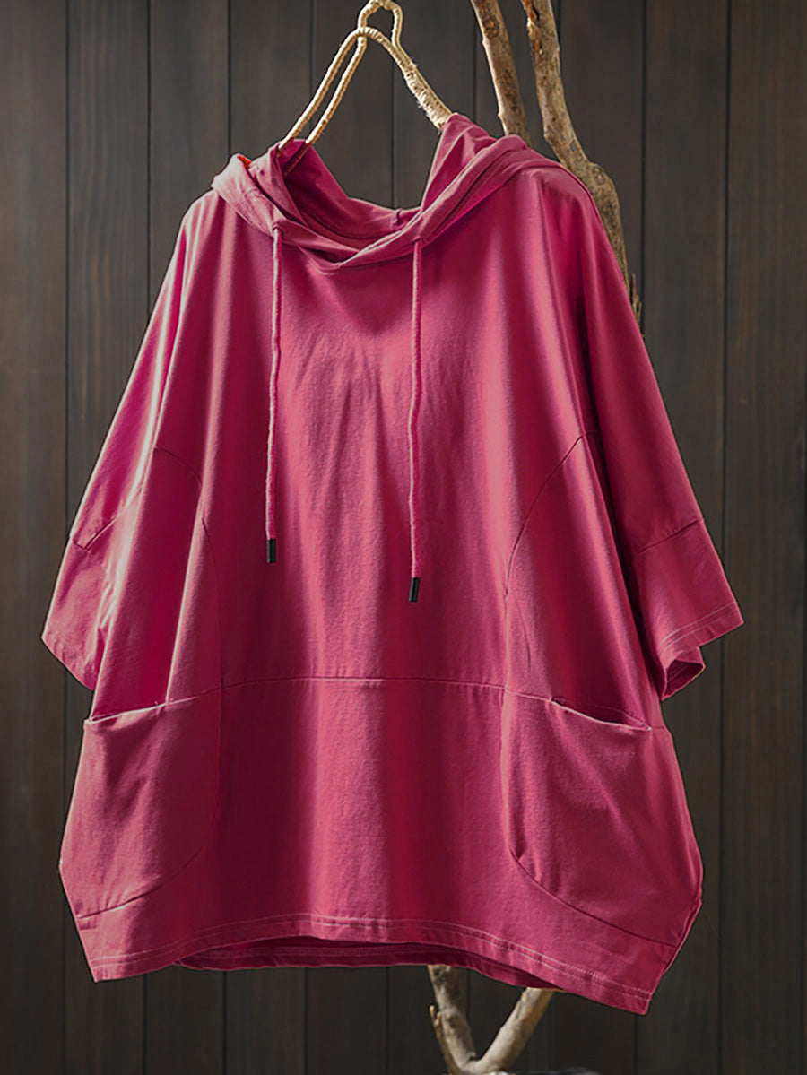 Dames Zomer Casual Pure Color Hooded Shirt van 100% Katoen