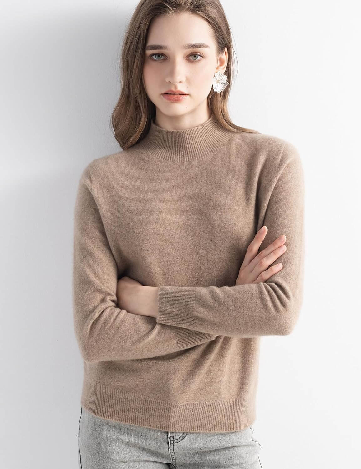 Women's 100% Pure Cashmere Sweater Mock Neck Long Sleeve Warm Leisure 2025 Fall Winter Knit Pullover