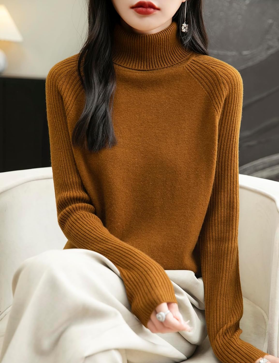 Chanyarn Women's Turtleneck 100% Merino Wool Sweater 2025 Fall Winter Classic Warm Soft Raglan Long Sleeve Knit Sweater