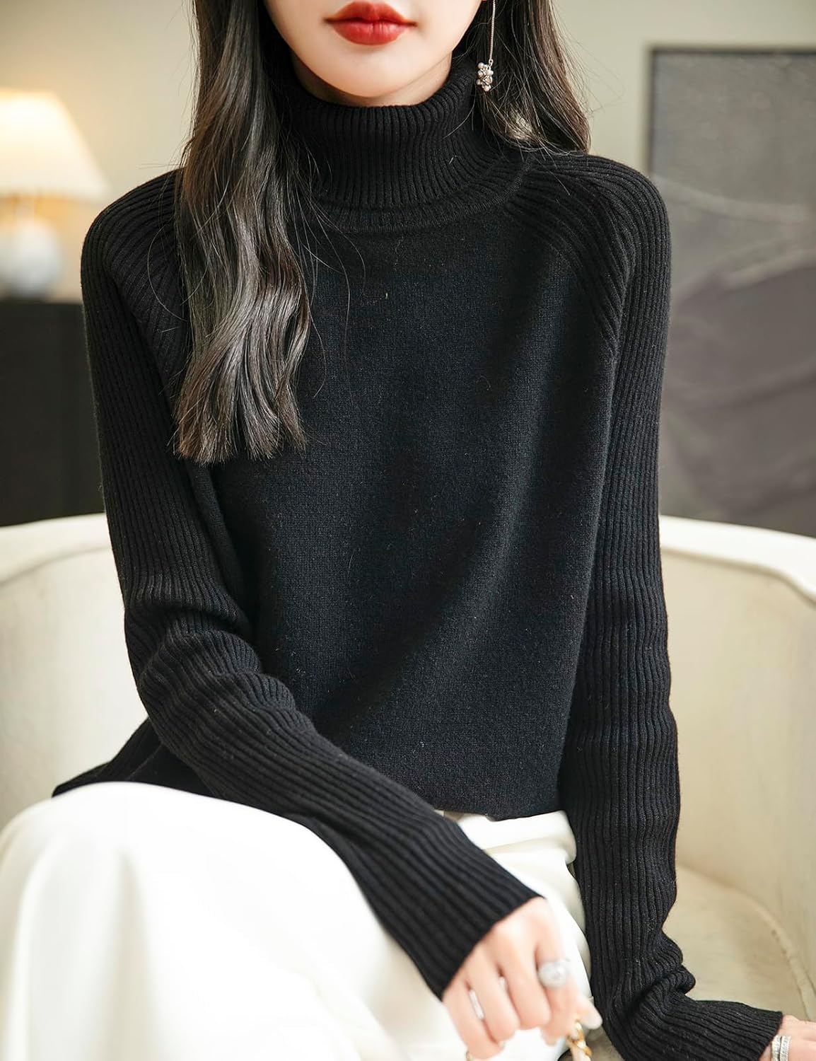Chanyarn Women's Turtleneck 100% Merino Wool Sweater 2025 Fall Winter Classic Warm Soft Raglan Long Sleeve Knit Sweater