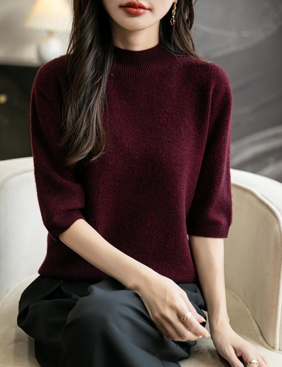 Women's 100% Merino Wool Spring Fall Winter First-Line Ready to Wear Seamless Knit Short Sleeve Mock Neck Sweater