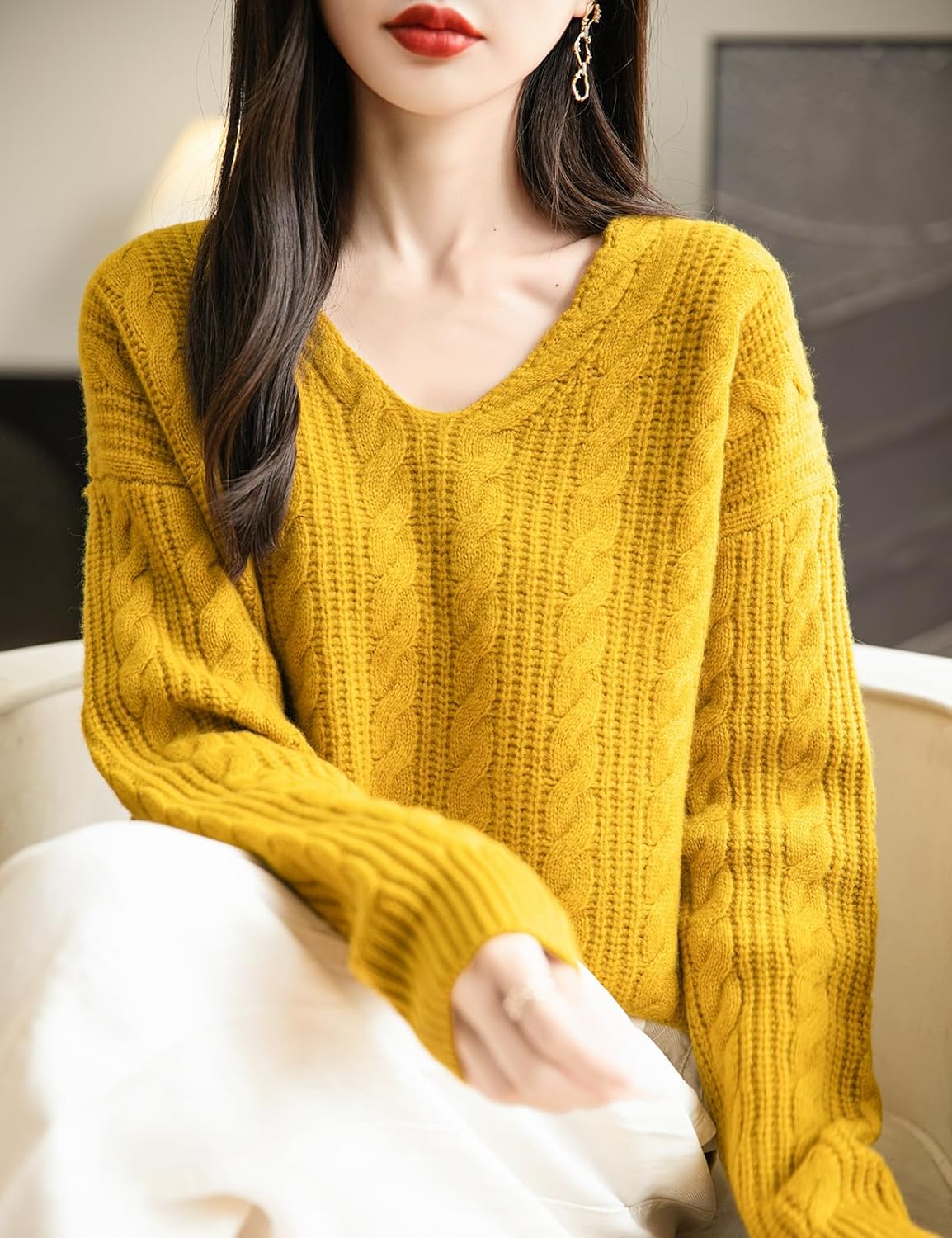 Chanyarn Women's V Neck 100% Merino Wool Oversized Sweater 2025 Fall Winter Vintage Cable Long Sleeve Knit Sweater