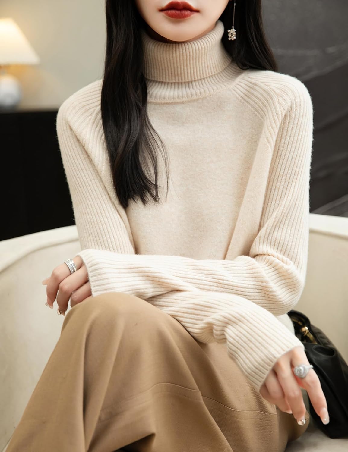 Chanyarn Women's Turtleneck 100% Merino Wool Sweater 2025 Fall Winter Classic Warm Soft Raglan Long Sleeve Knit Sweater