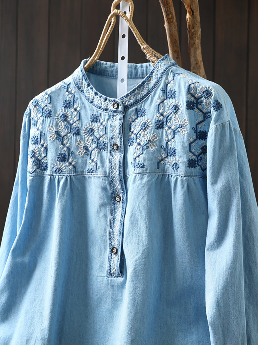 Vrouwen Lente Etnische Borduurwerk 100% Katoenen Denim Shirt
