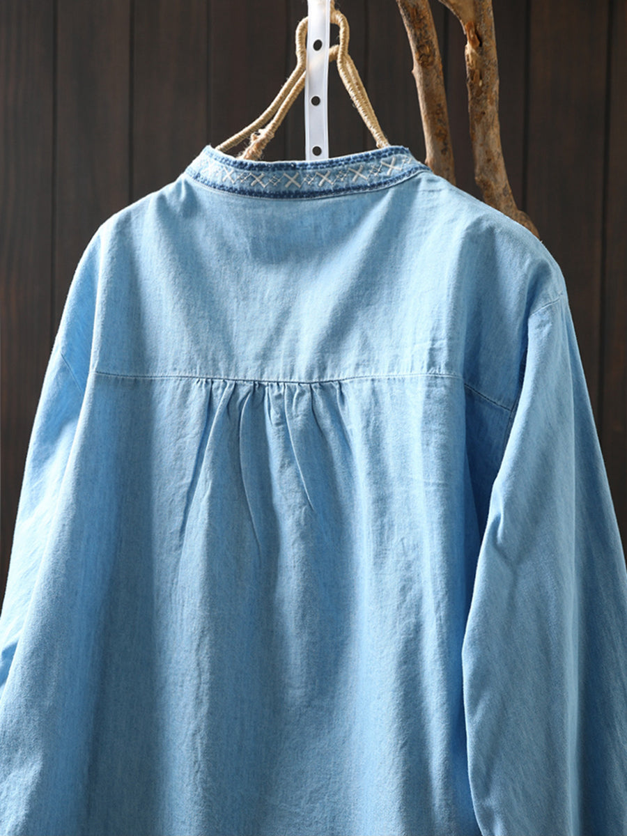 Vrouwen Lente Etnische Borduurwerk 100% Katoenen Denim Shirt