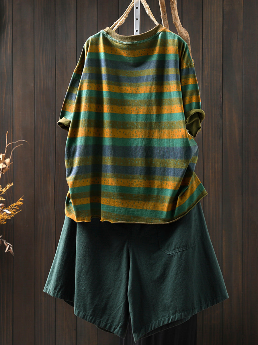 Dames Zomer Retro Colorblock Streep O-hals Katoenen Shirt