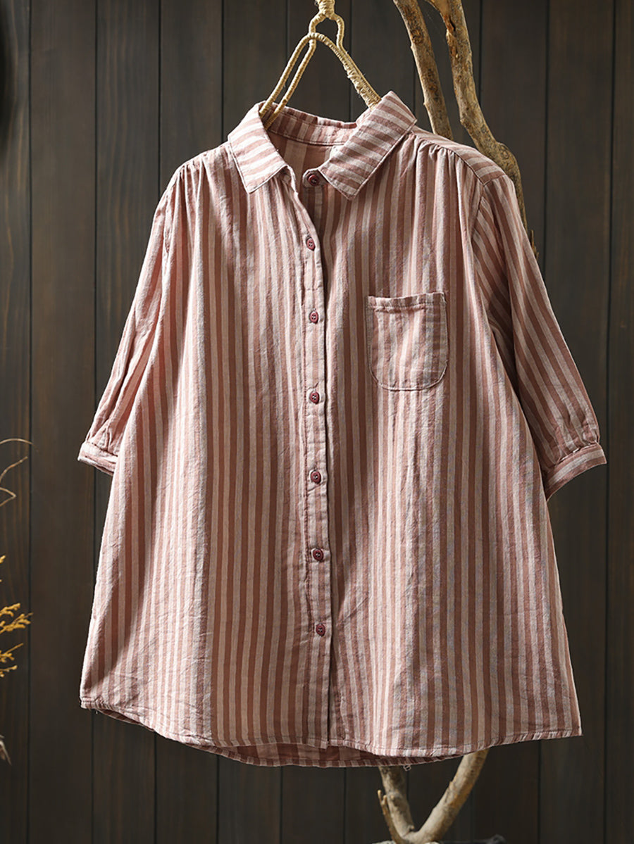 Dames Zomer Streep Omslagkraag 100% Katoenen Shirt