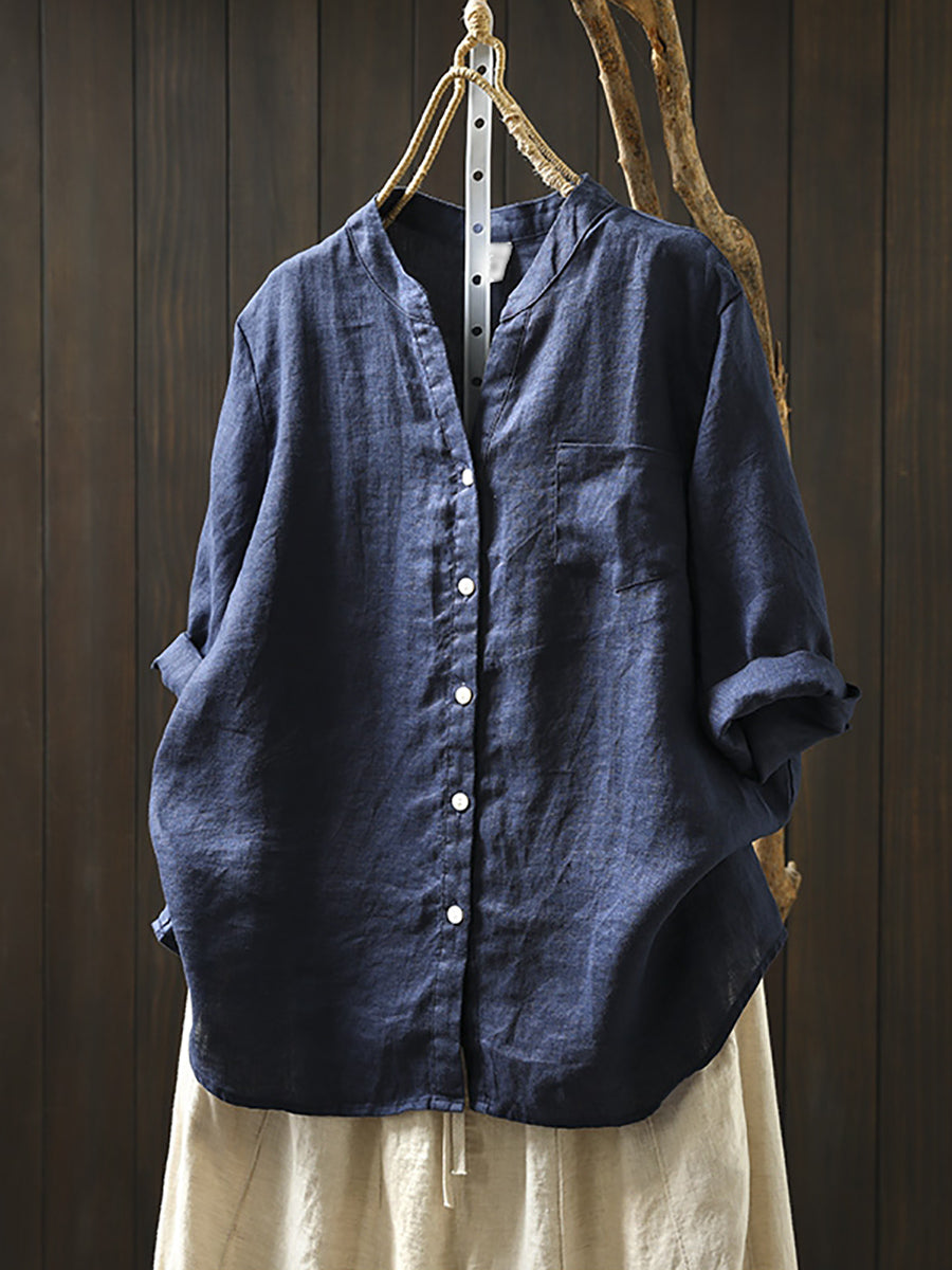 Dames Zomer V-hals Pure Kleur 100% Linnen Shirt