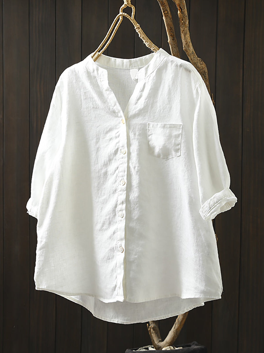 Dames Zomer V-hals Pure Kleur 100% Linnen Shirt
