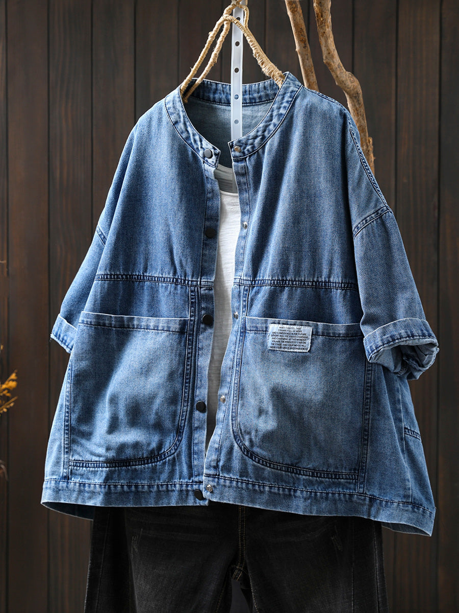 Dames Zomer Retro Pure Color Stand Collar Denim Shirt