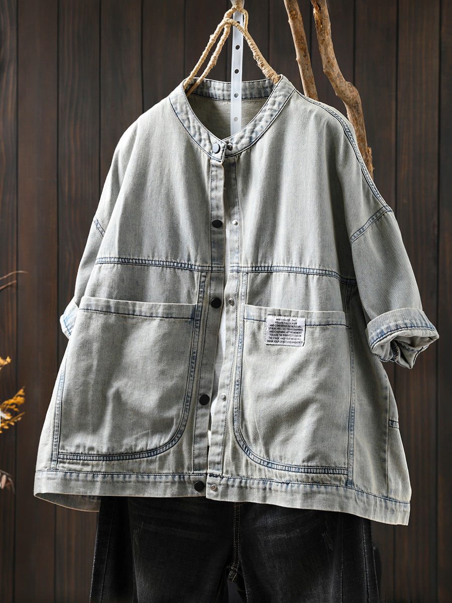 Dames Zomer Retro Pure Color Stand Collar Denim Shirt