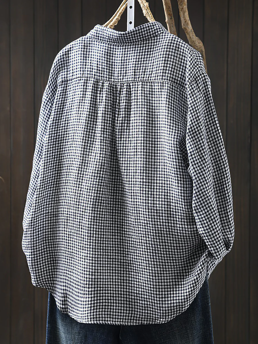 Vrouwen Artsy Lattice 100% linnen overhemd met omgeslagen kraag