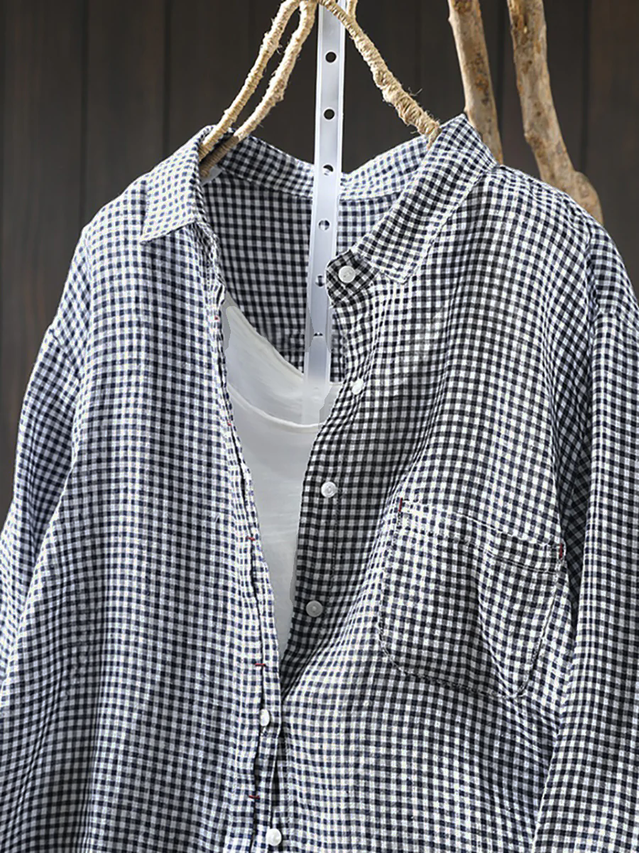 Vrouwen Artsy Lattice 100% linnen overhemd met omgeslagen kraag