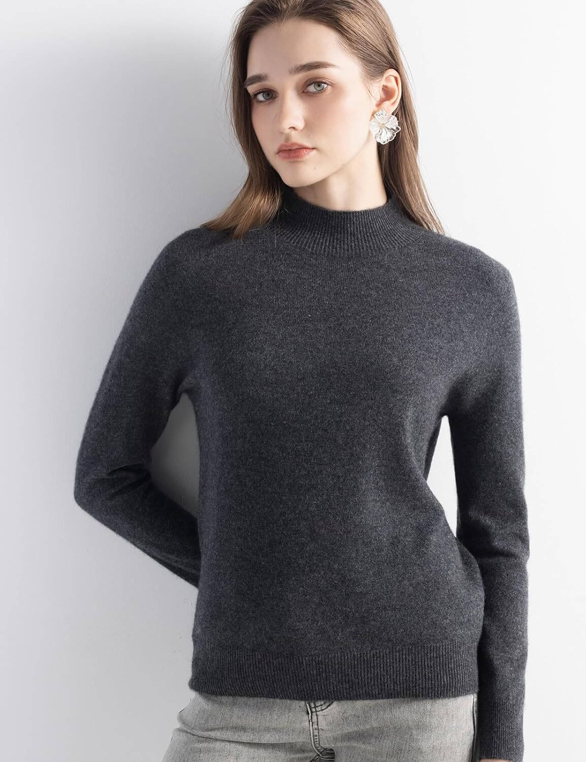Women's 100% Pure Cashmere Sweater Mock Neck Long Sleeve Warm Leisure 2025 Fall Winter Knit Pullover
