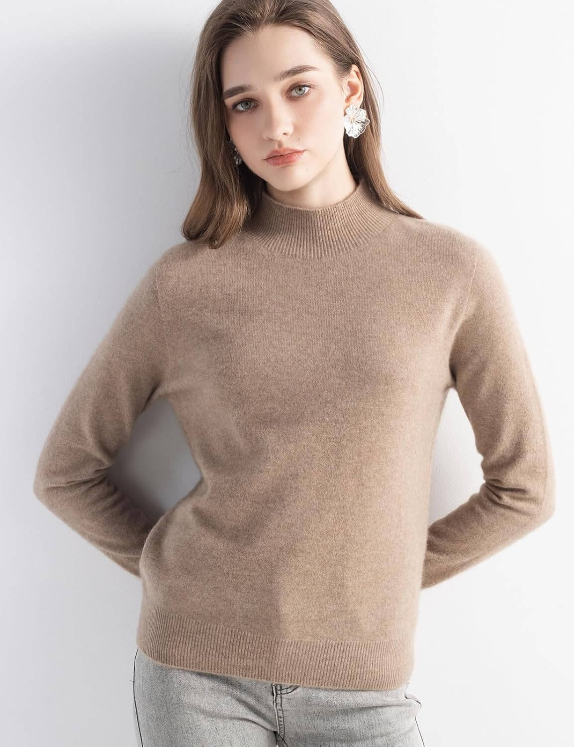 Women's 100% Pure Cashmere Sweater Mock Neck Long Sleeve Warm Leisure 2025 Fall Winter Knit Pullover