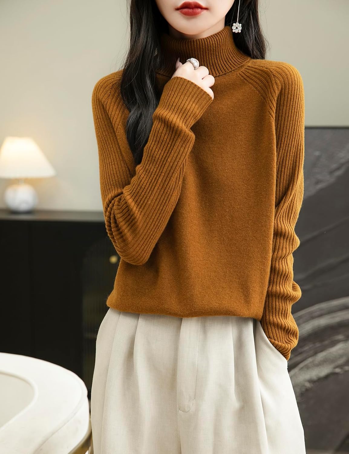 Chanyarn Women's Turtleneck 100% Merino Wool Sweater 2025 Fall Winter Classic Warm Soft Raglan Long Sleeve Knit Sweater