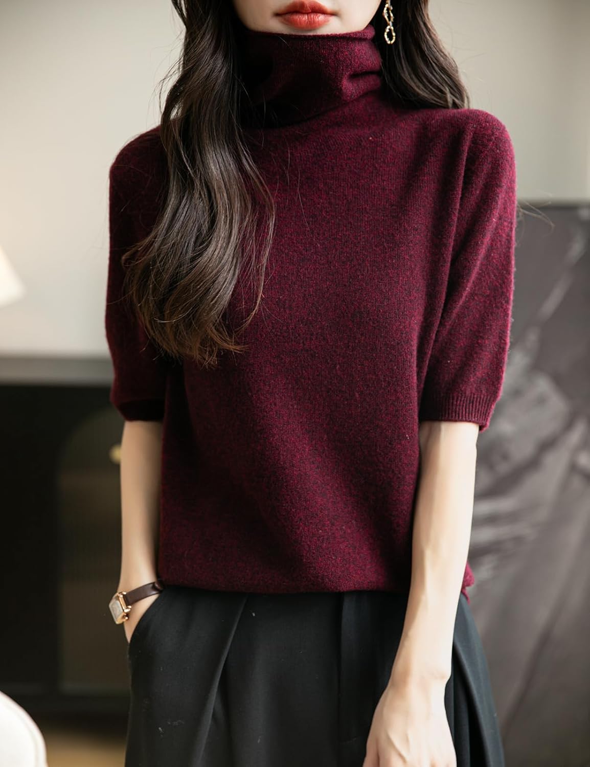 Women's Turtleneck 100% Merino Wool Spring Fall Winter First-Line Ready to Wear Seamless Knit Short Sleeve Sweater