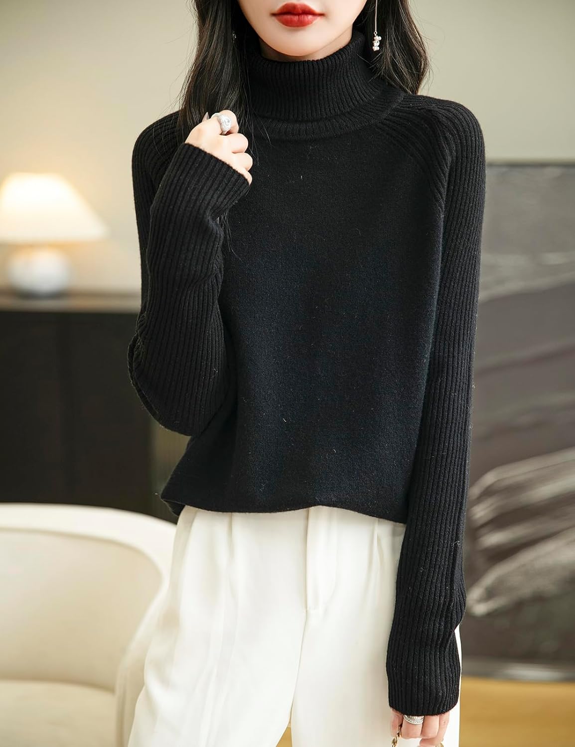 Chanyarn Women's Turtleneck 100% Merino Wool Sweater 2025 Fall Winter Classic Warm Soft Raglan Long Sleeve Knit Sweater