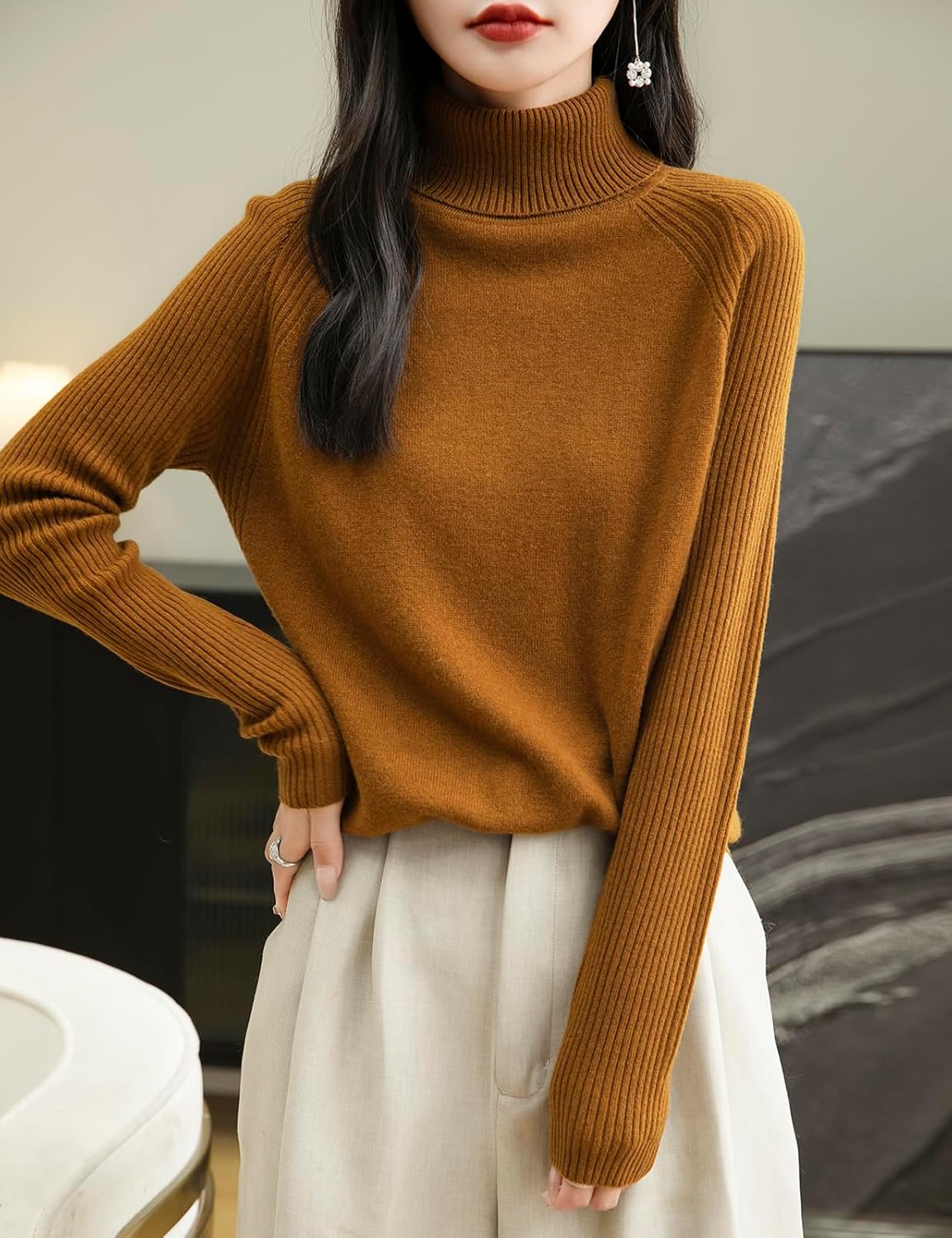 Chanyarn Women's Turtleneck 100% Merino Wool Sweater 2025 Fall Winter Classic Warm Soft Raglan Long Sleeve Knit Sweater