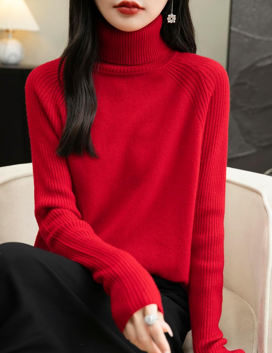Chanyarn Women's Turtleneck 100% Merino Wool Sweater 2025 Fall Winter Classic Warm Soft Raglan Long Sleeve Knit Sweater