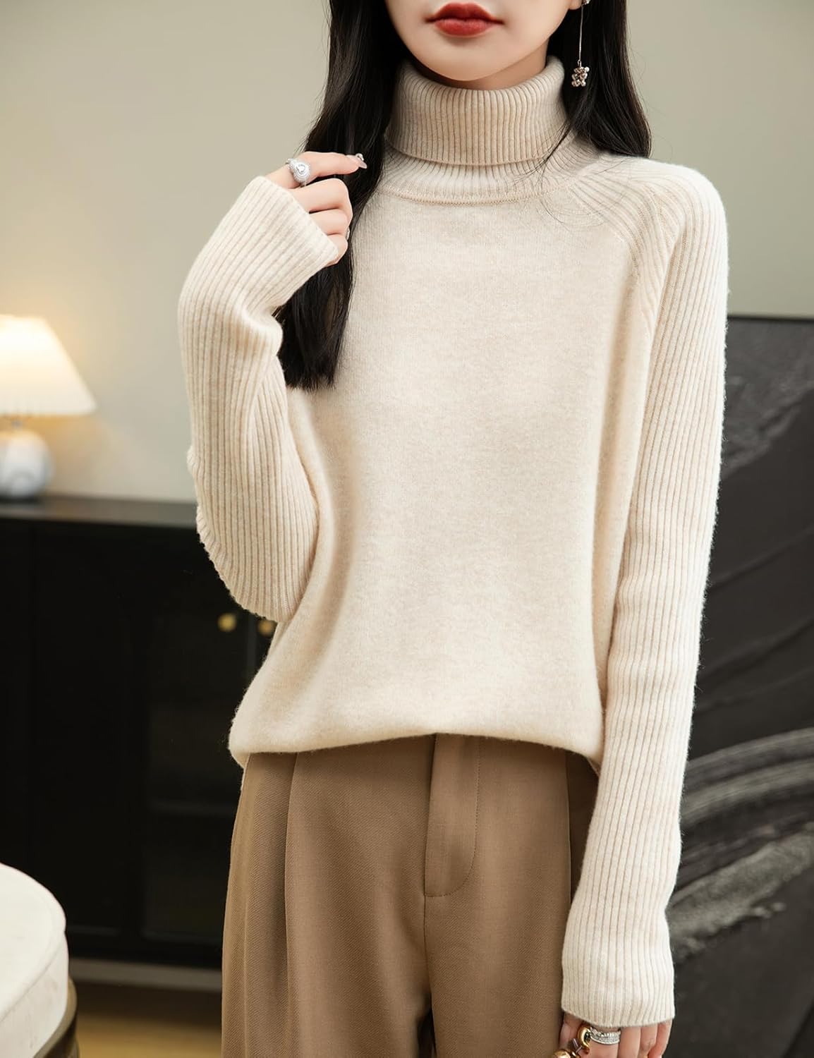 Chanyarn Women's Turtleneck 100% Merino Wool Sweater 2025 Fall Winter Classic Warm Soft Raglan Long Sleeve Knit Sweater
