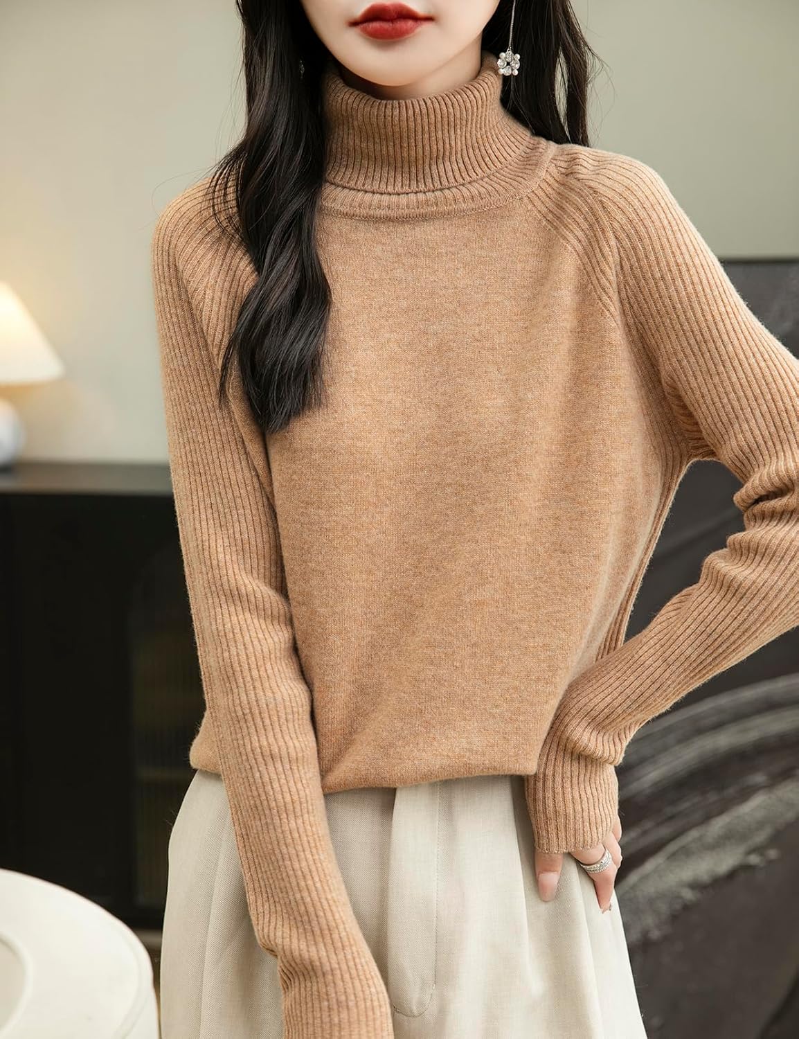 Chanyarn Women's Turtleneck 100% Merino Wool Sweater 2025 Fall Winter Classic Warm Soft Raglan Long Sleeve Knit Sweater