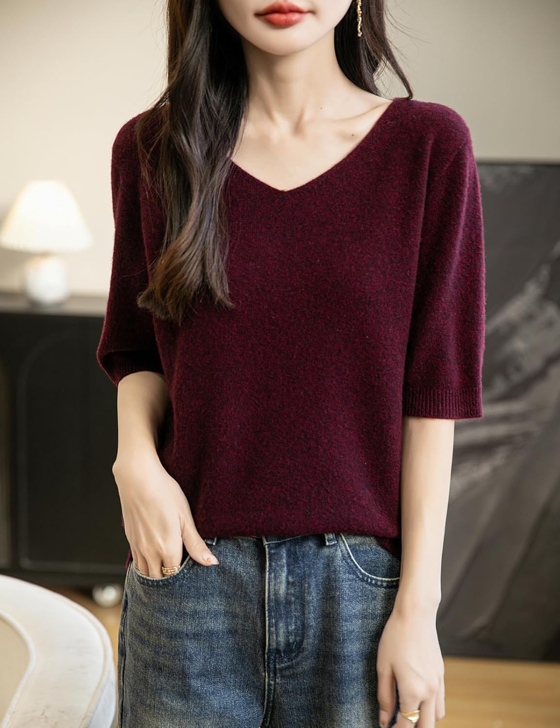 Women's V-Neck 100% Merino Wool Spring Fall Winter First-Line Ready to Wear Seamless Knit Shirt Short Sleeve Sweater