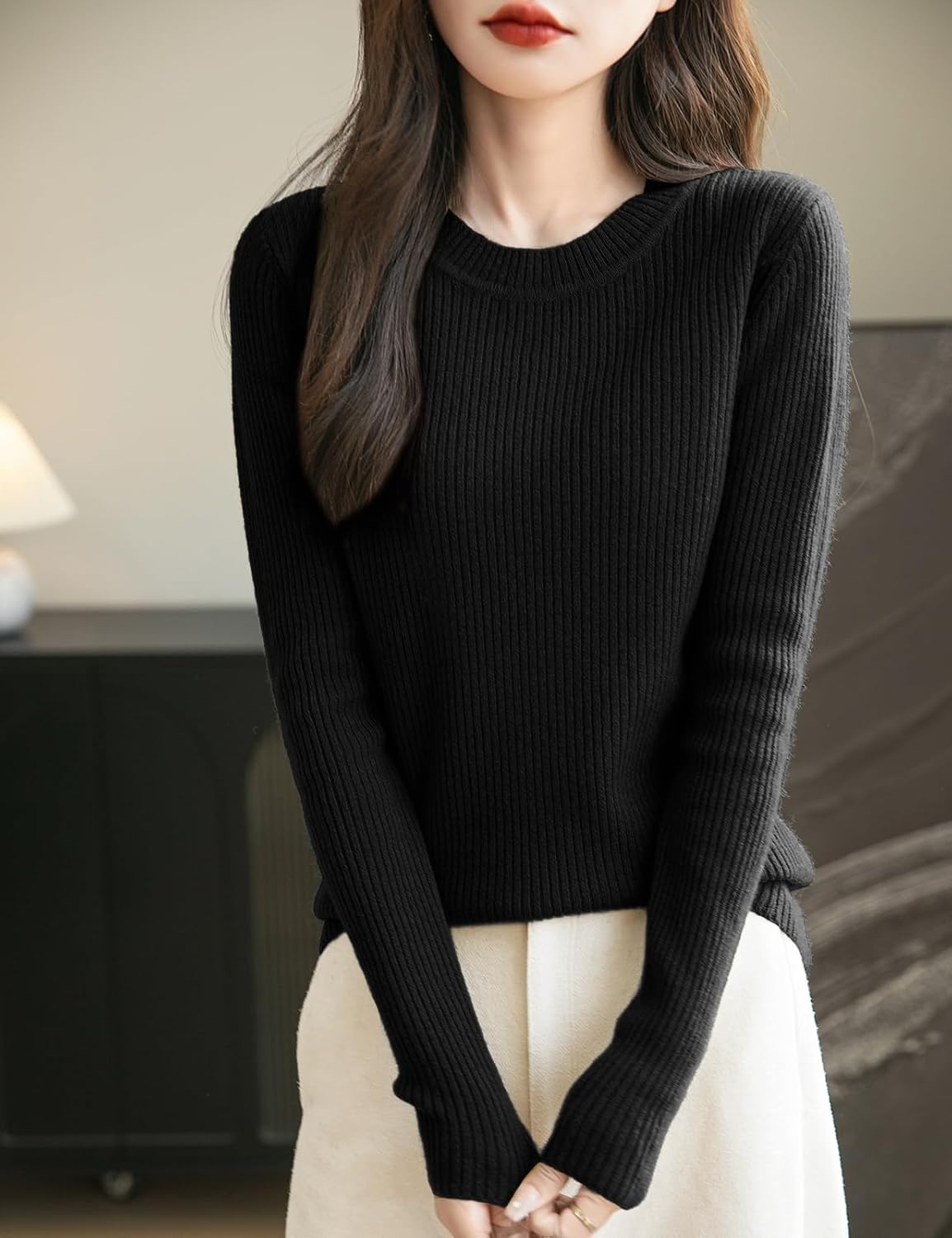Women's 100% Merino Wool Sweater 2025 Fall Winter Crew Neck Long Sleeve Warm Soft Ribbed Knit Pullover Sweater