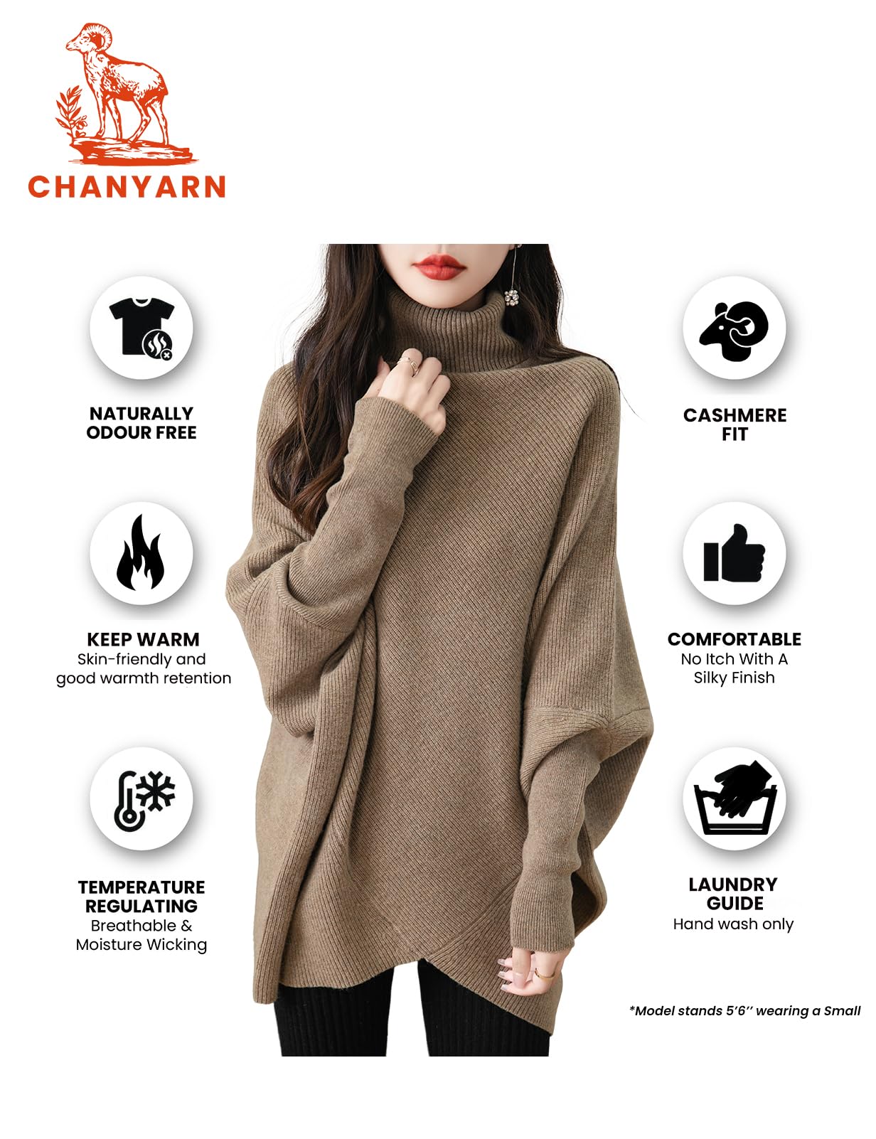 Chanyarn Women's Turtleneck 100% Merino Wool Oversized Sweater 2025 Fall Winter Batwing Long Sleeve Knitted Sweater