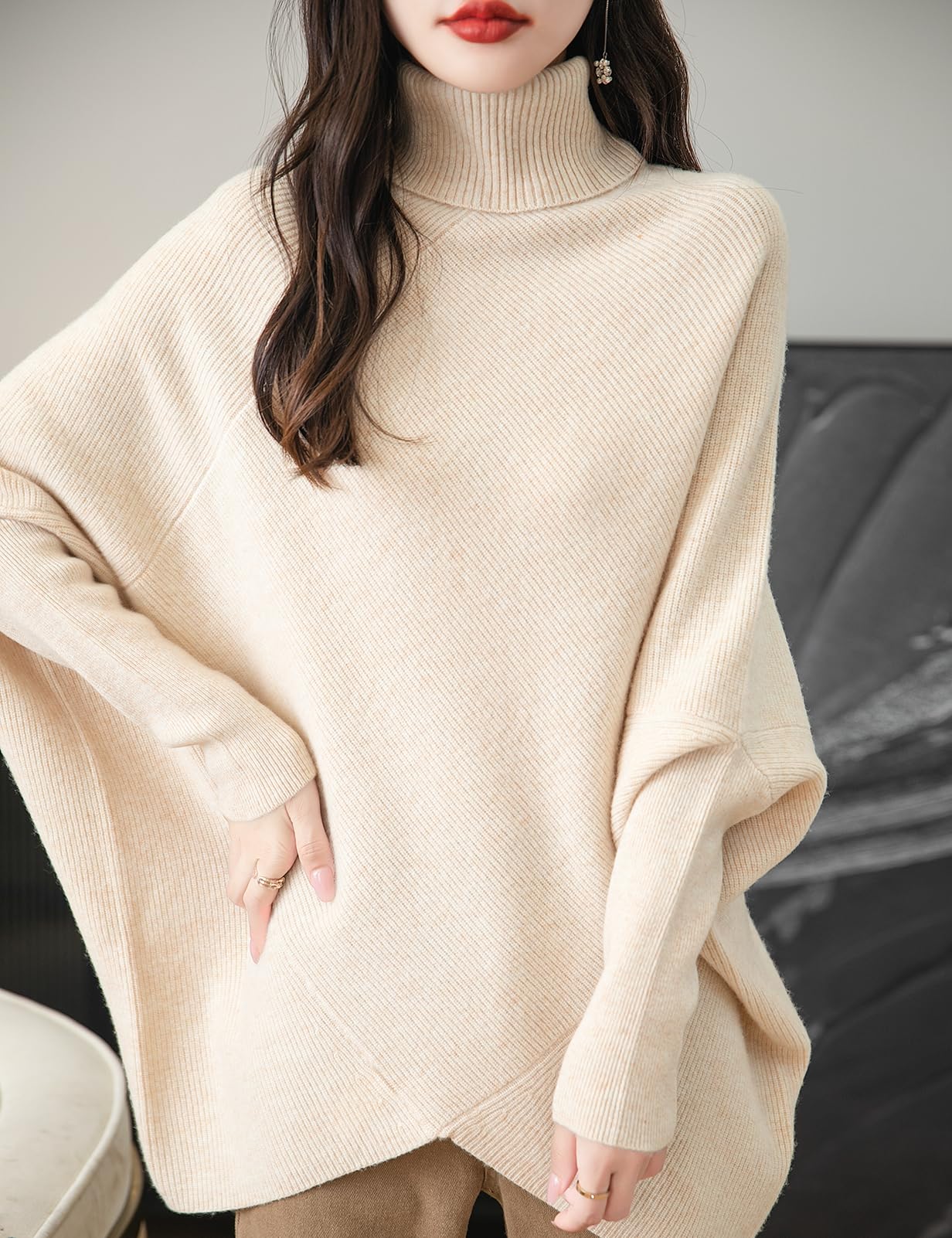 Chanyarn Women's Turtleneck 100% Merino Wool Oversized Sweater 2025 Fall Winter Batwing Long Sleeve Knitted Sweater