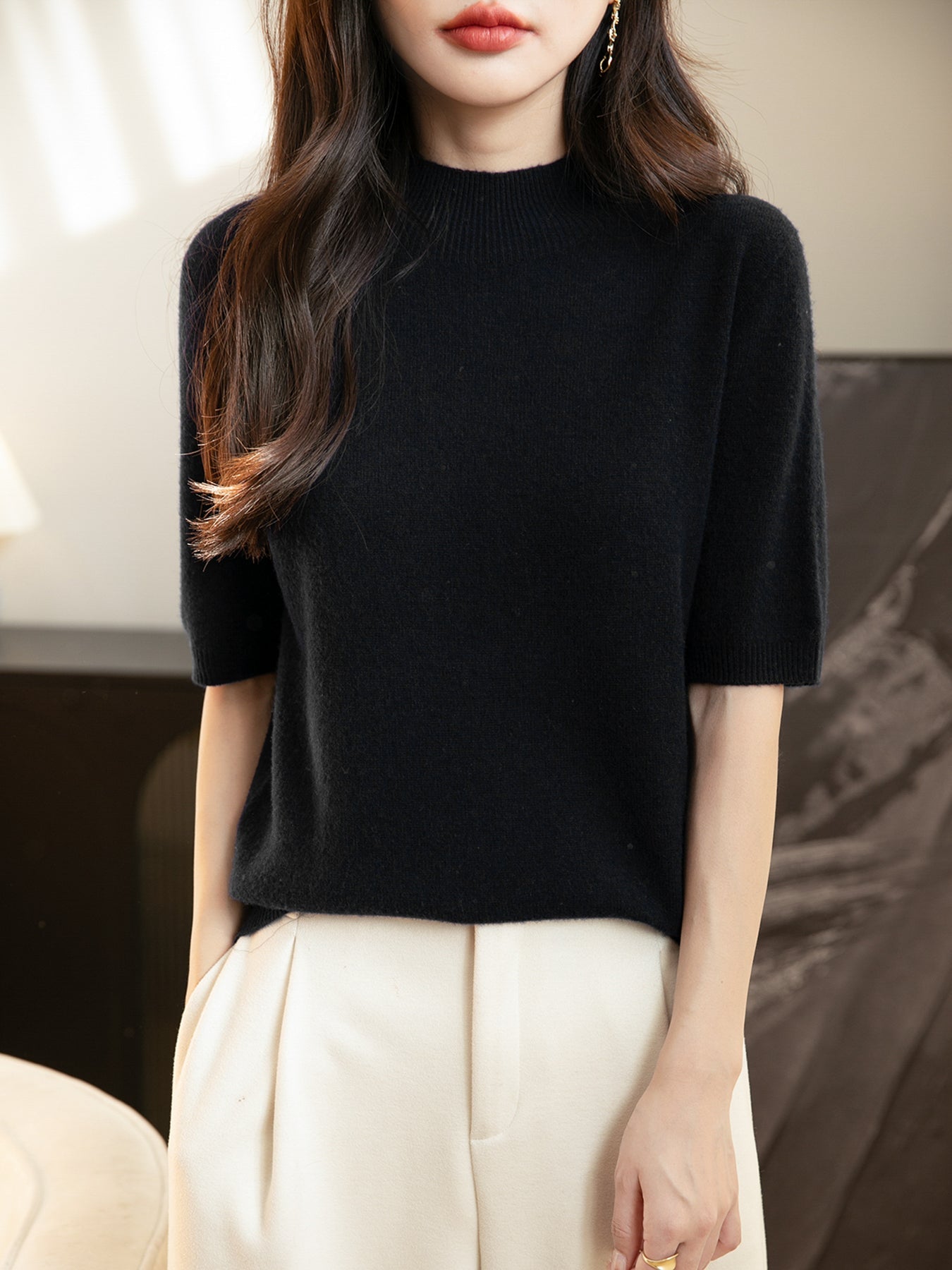 Women's 100% Merino Wool Spring Fall Winter First-Line Ready to Wear Seamless Knit Short Sleeve Mock Neck Sweater