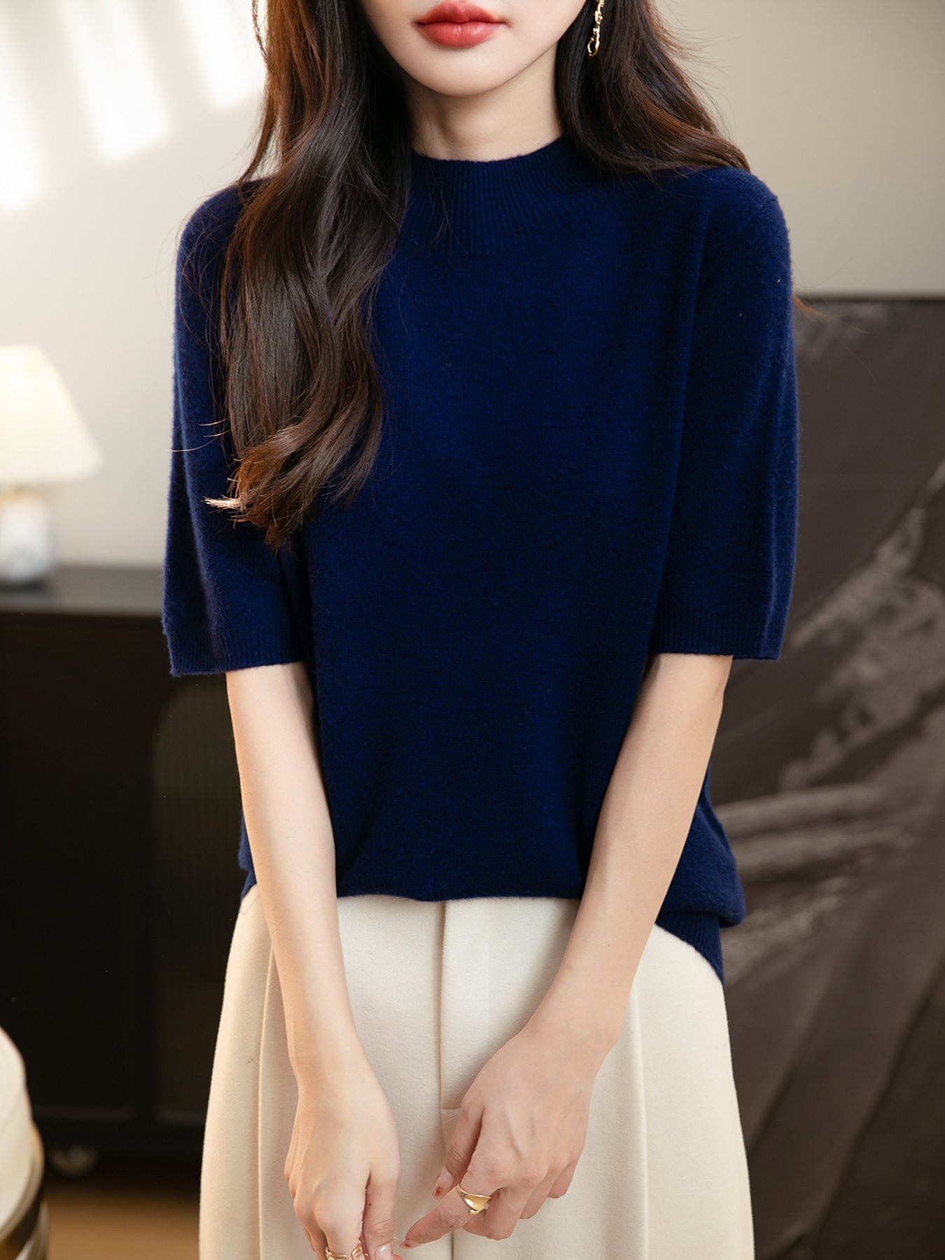 Women's 100% Merino Wool Spring Fall Winter First-Line Ready to Wear Seamless Knit Short Sleeve Mock Neck Sweater
