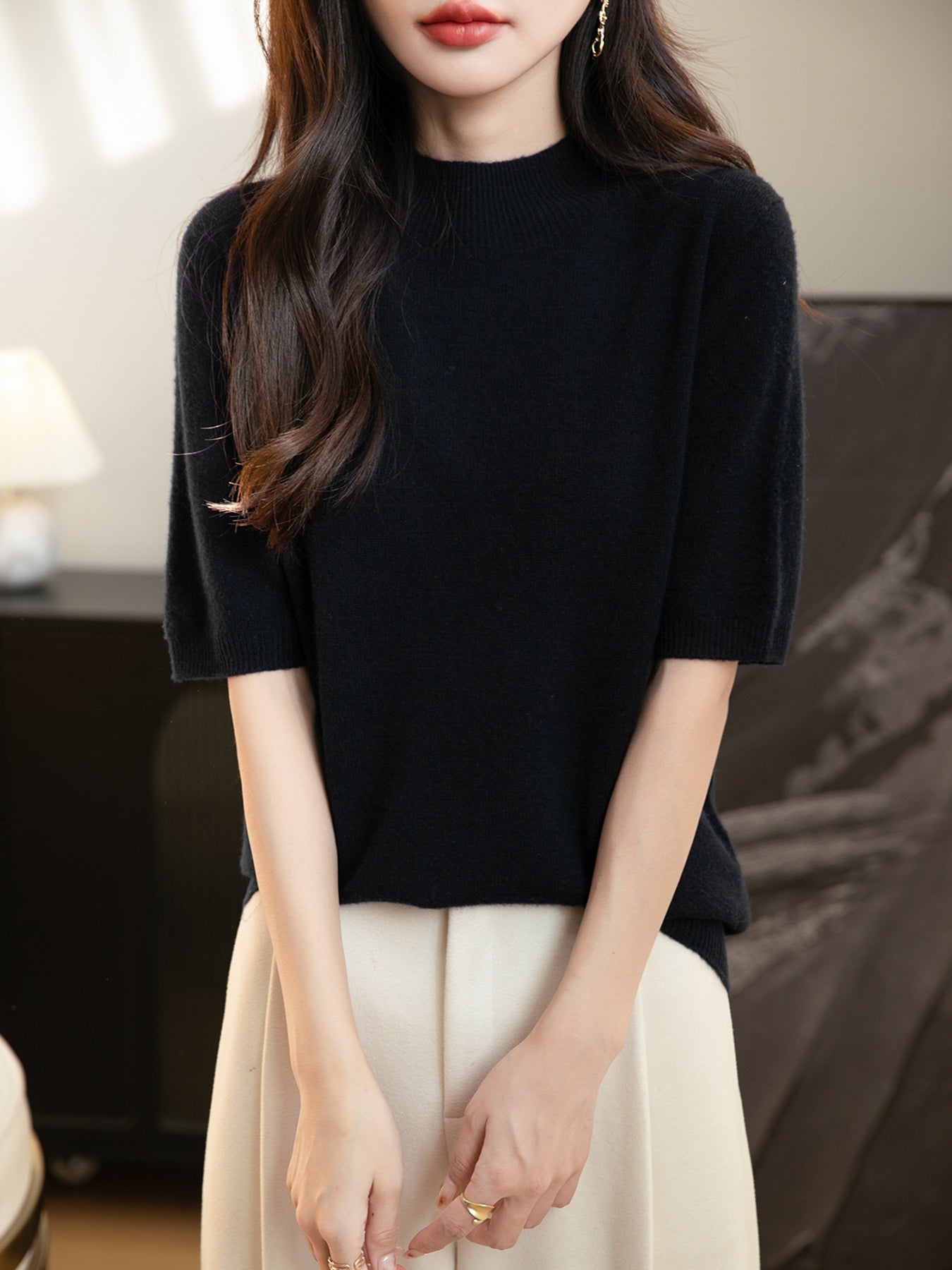 Women's 100% Merino Wool Spring Fall Winter First-Line Ready to Wear Seamless Knit Short Sleeve Mock Neck Sweater