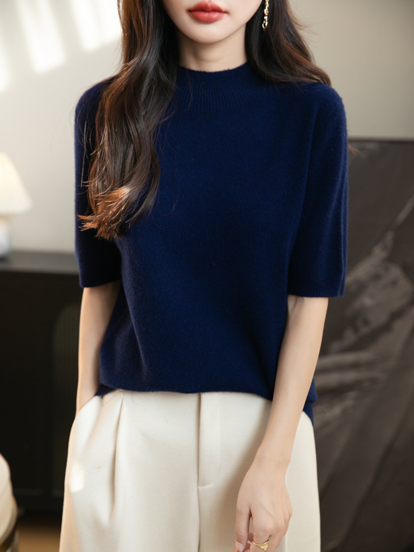 Women's 100% Merino Wool Spring Fall Winter First-Line Ready to Wear Seamless Knit Short Sleeve Mock Neck Sweater