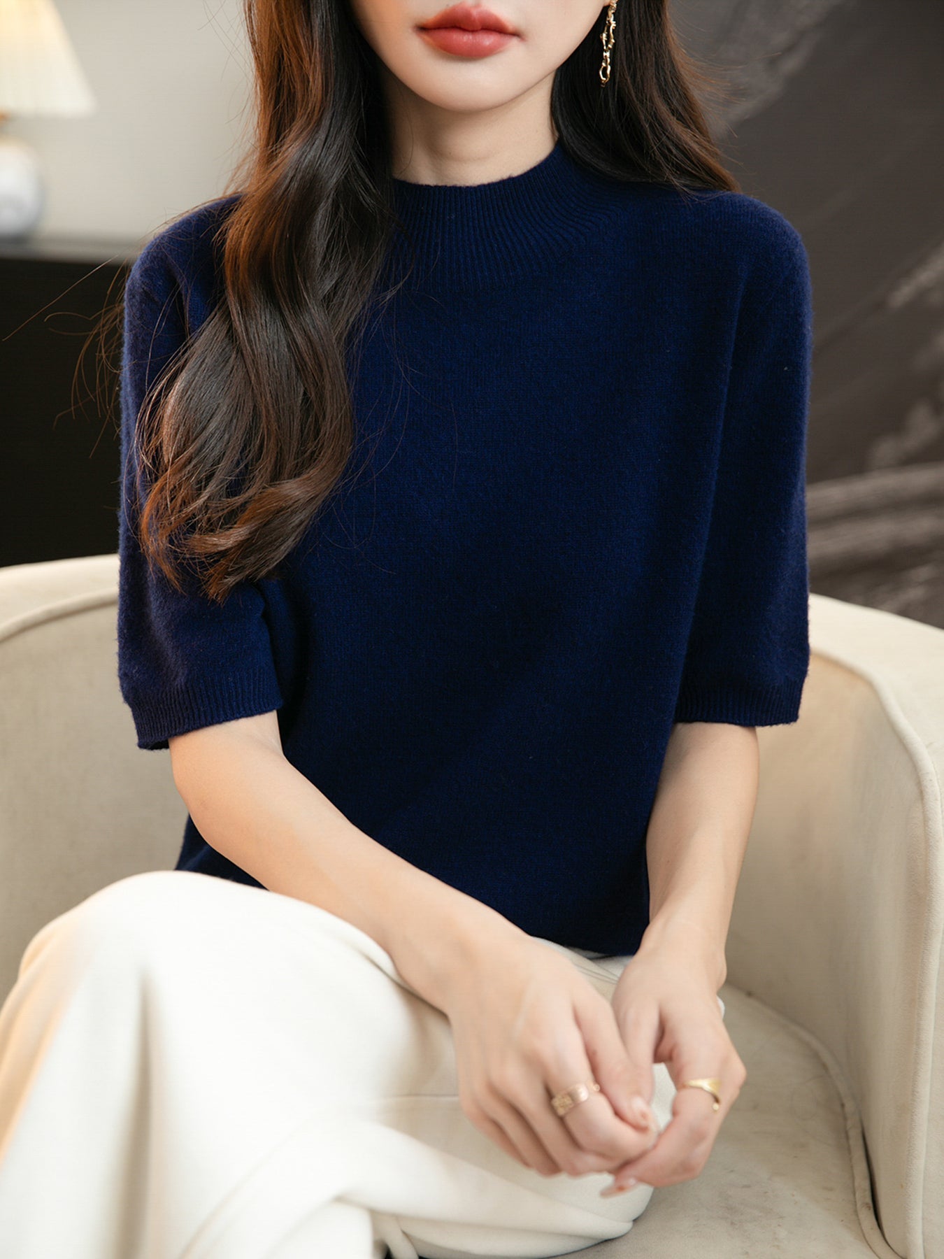 Women's 100% Merino Wool Spring Fall Winter First-Line Ready to Wear Seamless Knit Short Sleeve Mock Neck Sweater