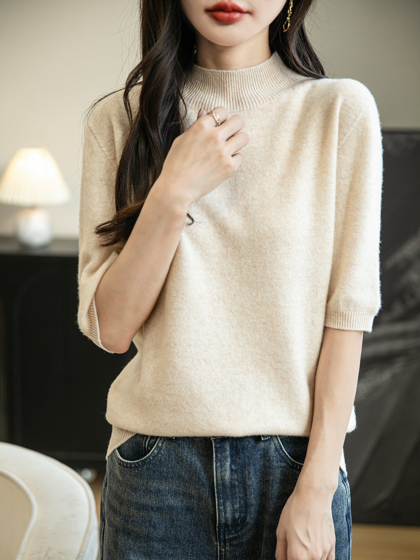 Women's 100% Merino Wool Spring Fall Winter First-Line Ready to Wear Seamless Knit Short Sleeve Mock Neck Sweater