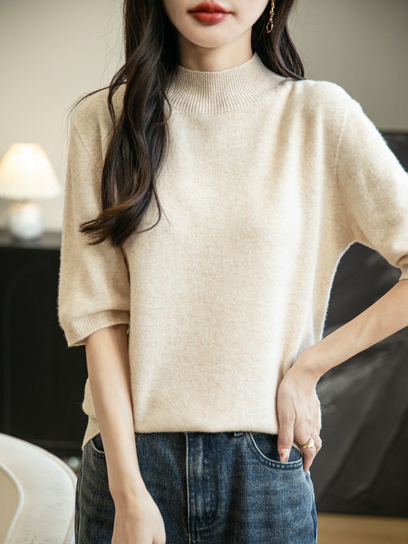 Women's 100% Merino Wool Spring Fall Winter First-Line Ready to Wear Seamless Knit Short Sleeve Mock Neck Sweater