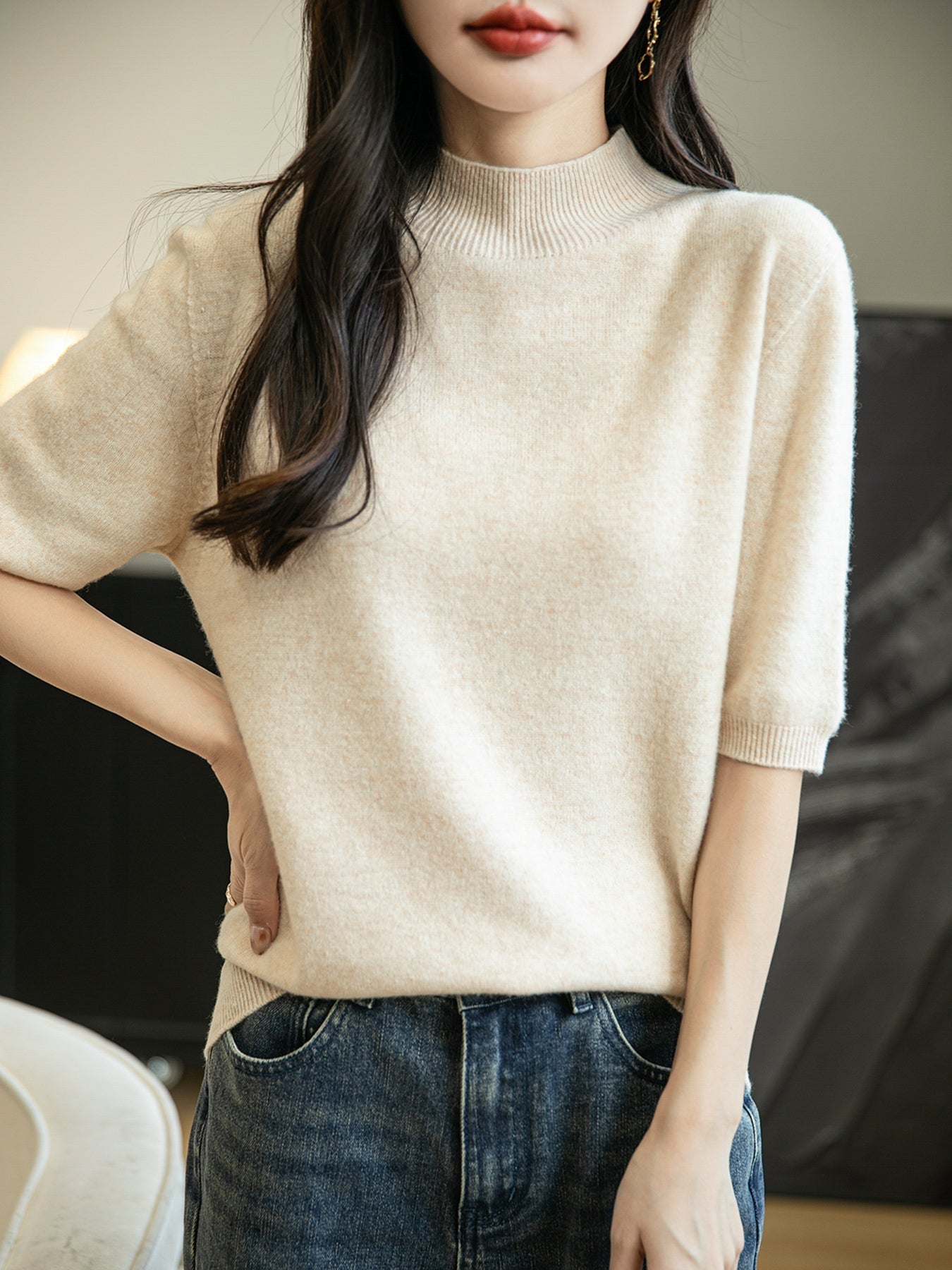 Women's 100% Merino Wool Spring Fall Winter First-Line Ready to Wear Seamless Knit Short Sleeve Mock Neck Sweater