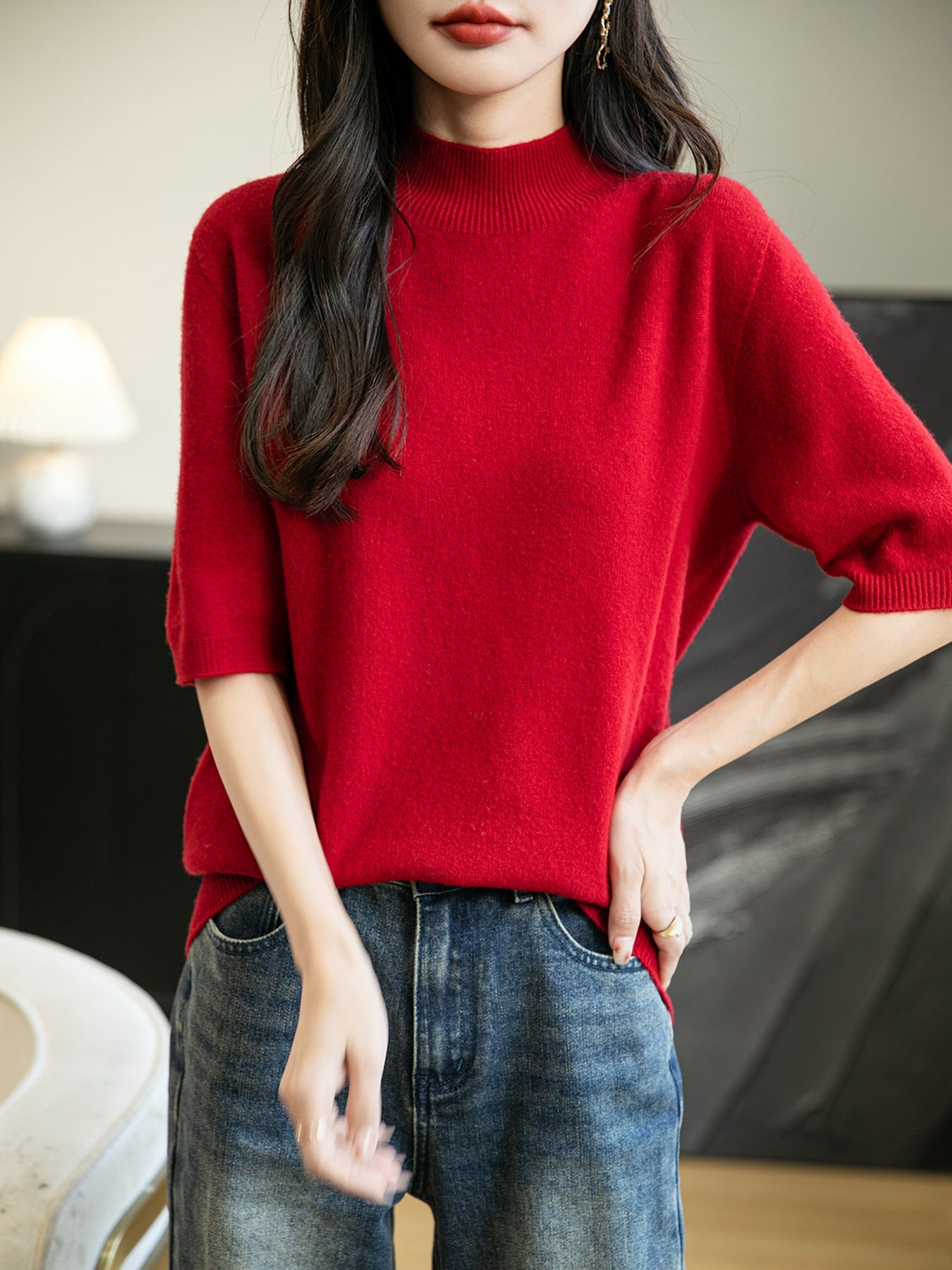 Women's 100% Merino Wool Spring Fall Winter First-Line Ready to Wear Seamless Knit Short Sleeve Mock Neck Sweater