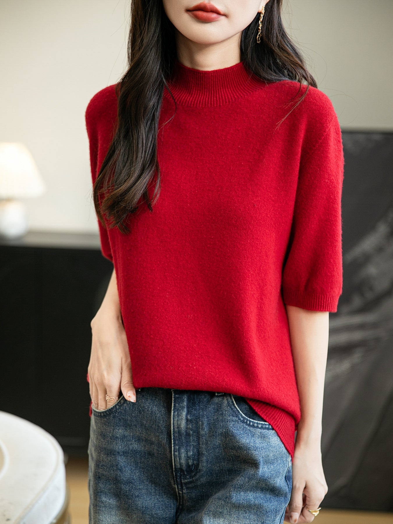 Women's 100% Merino Wool Spring Fall Winter First-Line Ready to Wear Seamless Knit Short Sleeve Mock Neck Sweater