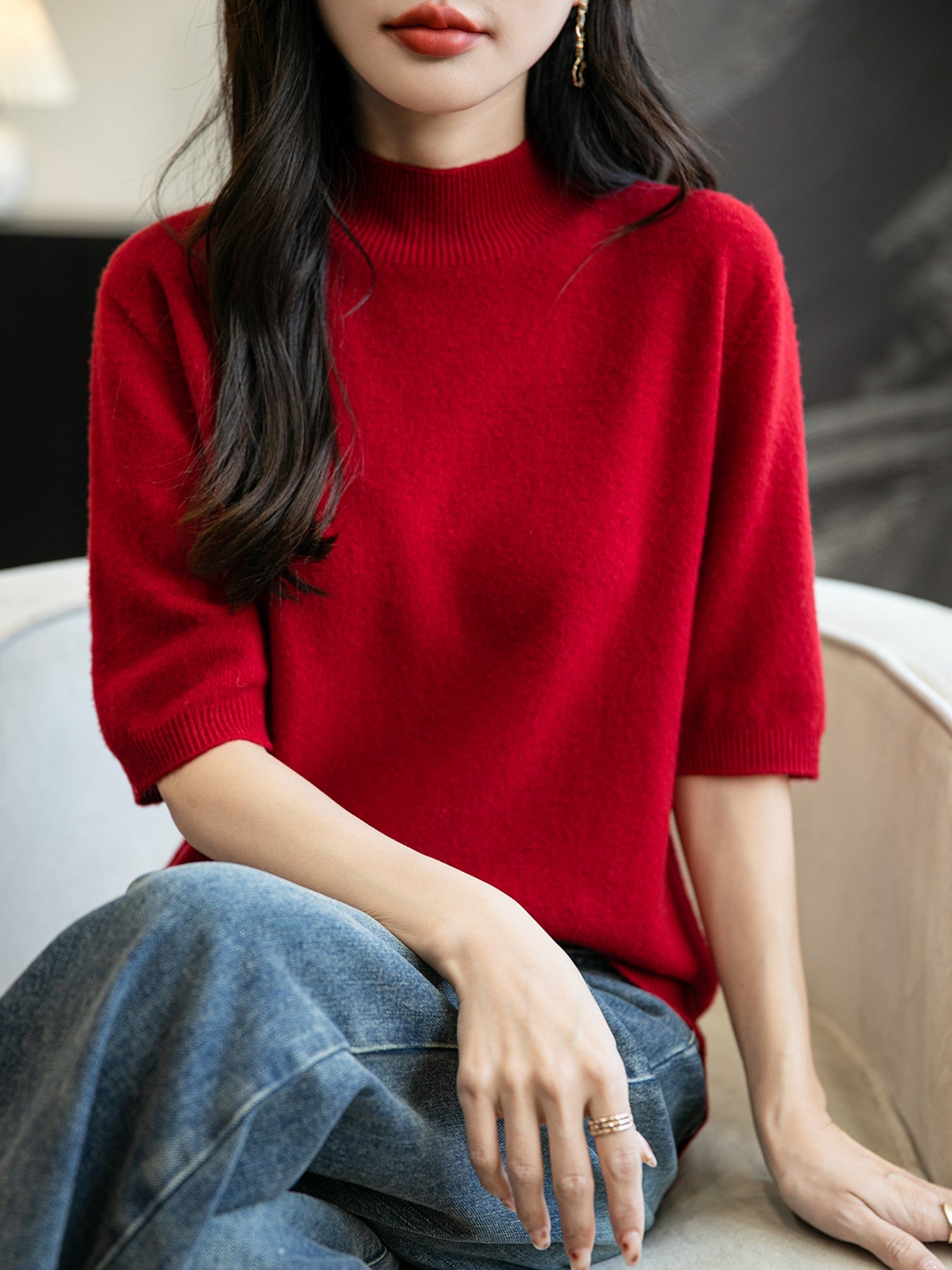 Women's 100% Merino Wool Spring Fall Winter First-Line Ready to Wear Seamless Knit Short Sleeve Mock Neck Sweater