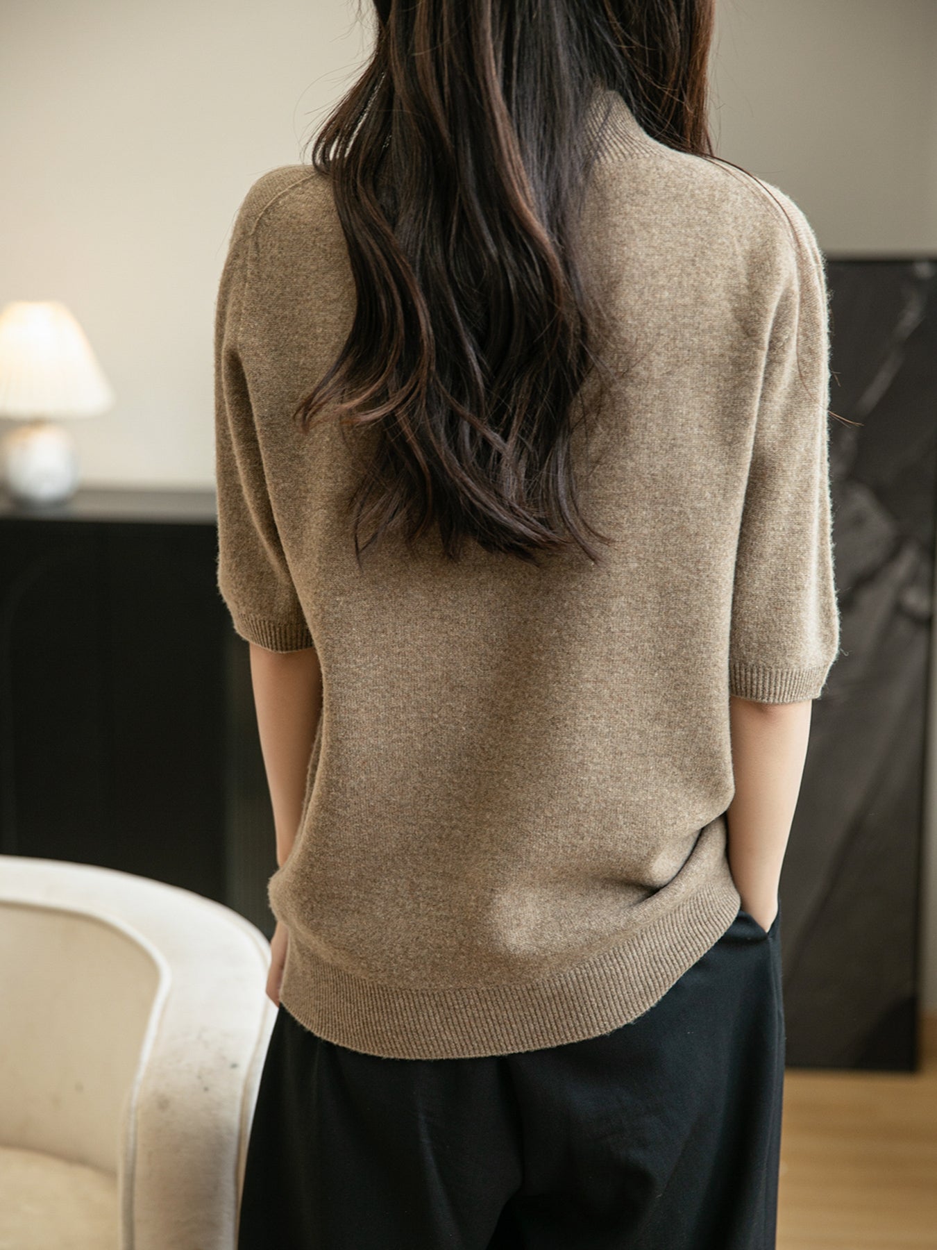 Women's 100% Merino Wool Spring Fall Winter First-Line Ready to Wear Seamless Knit Short Sleeve Mock Neck Sweater