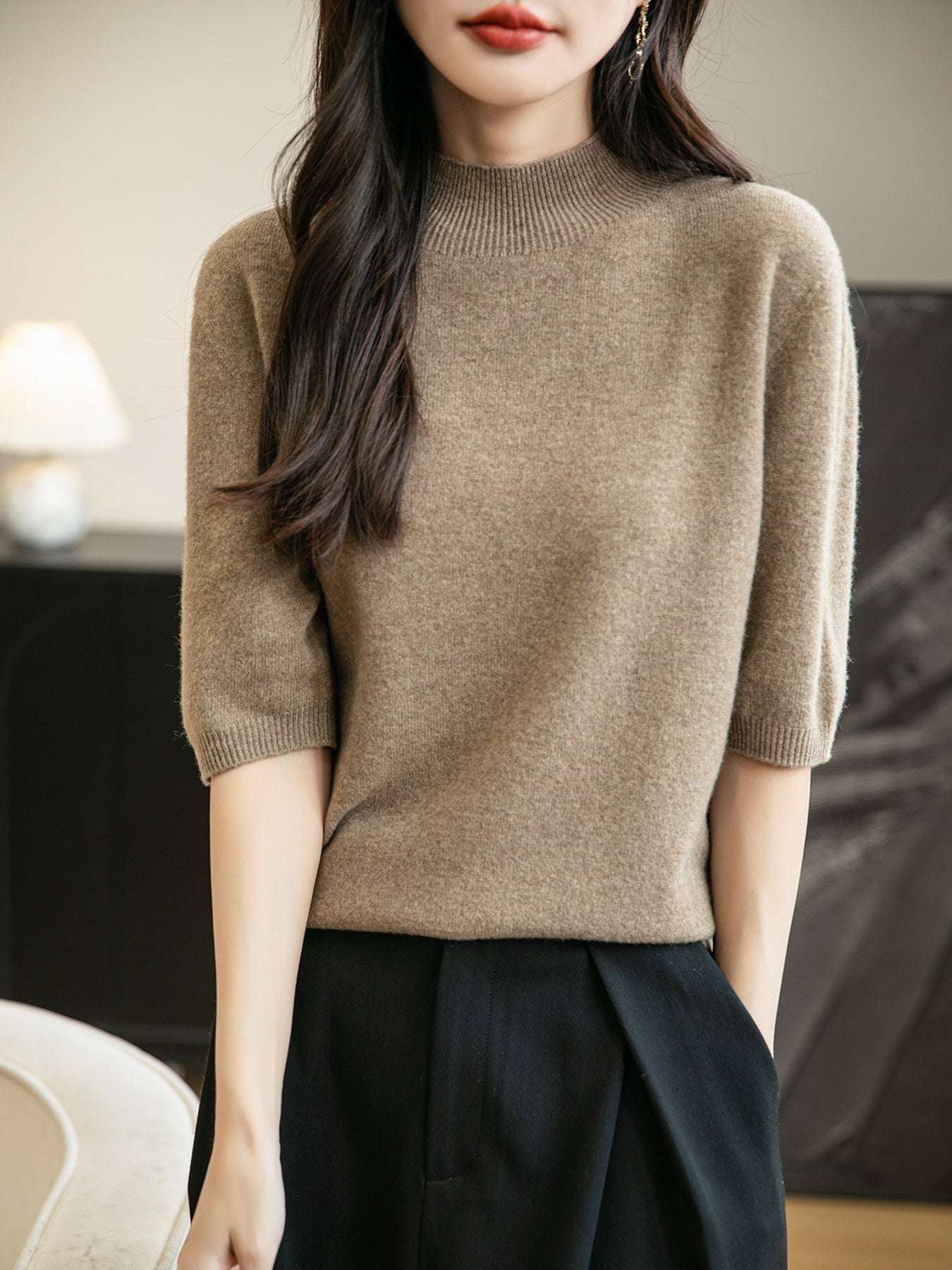 Women's 100% Merino Wool Spring Fall Winter First-Line Ready to Wear Seamless Knit Short Sleeve Mock Neck Sweater