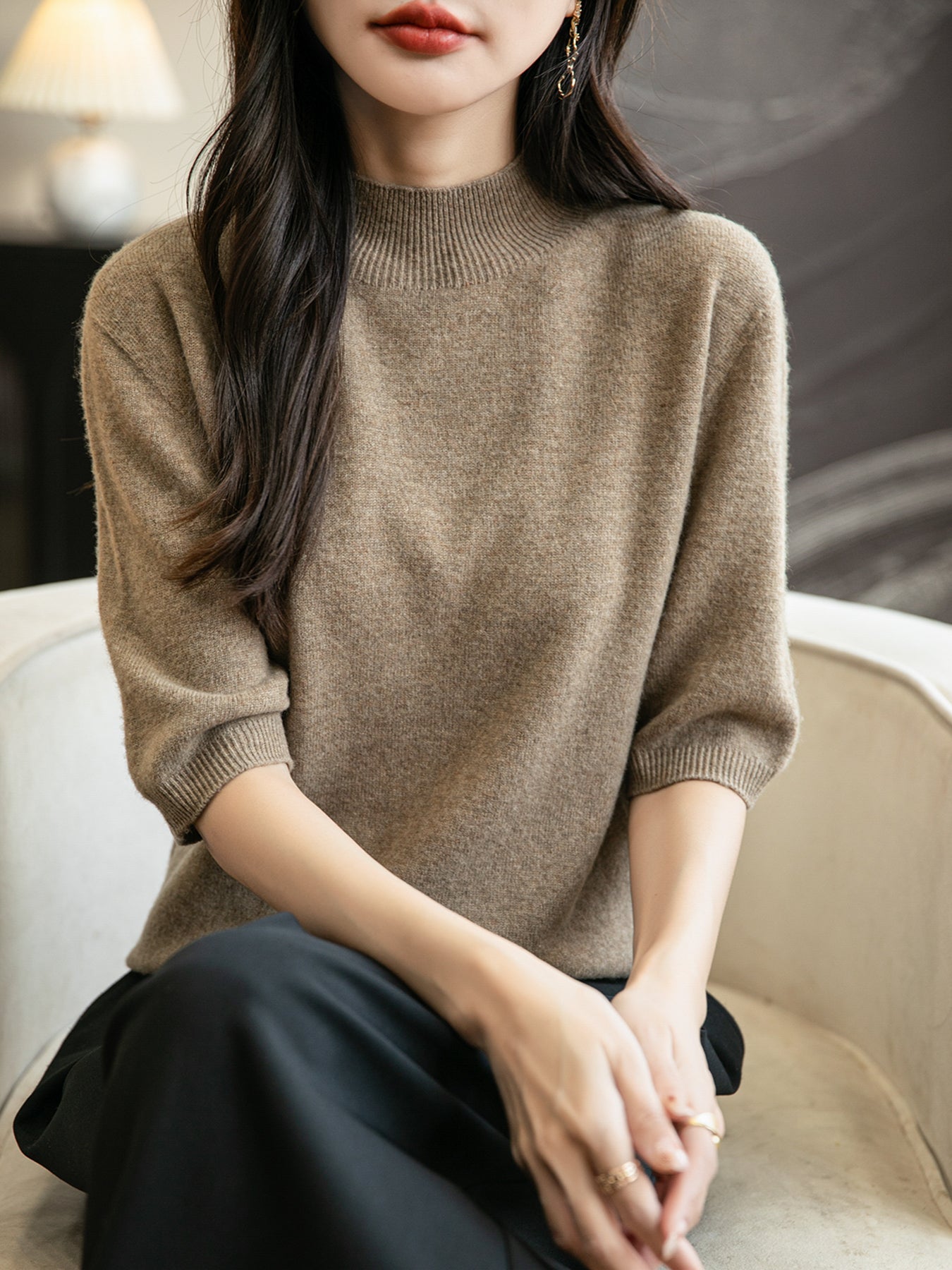 Women's 100% Merino Wool Spring Fall Winter First-Line Ready to Wear Seamless Knit Short Sleeve Mock Neck Sweater