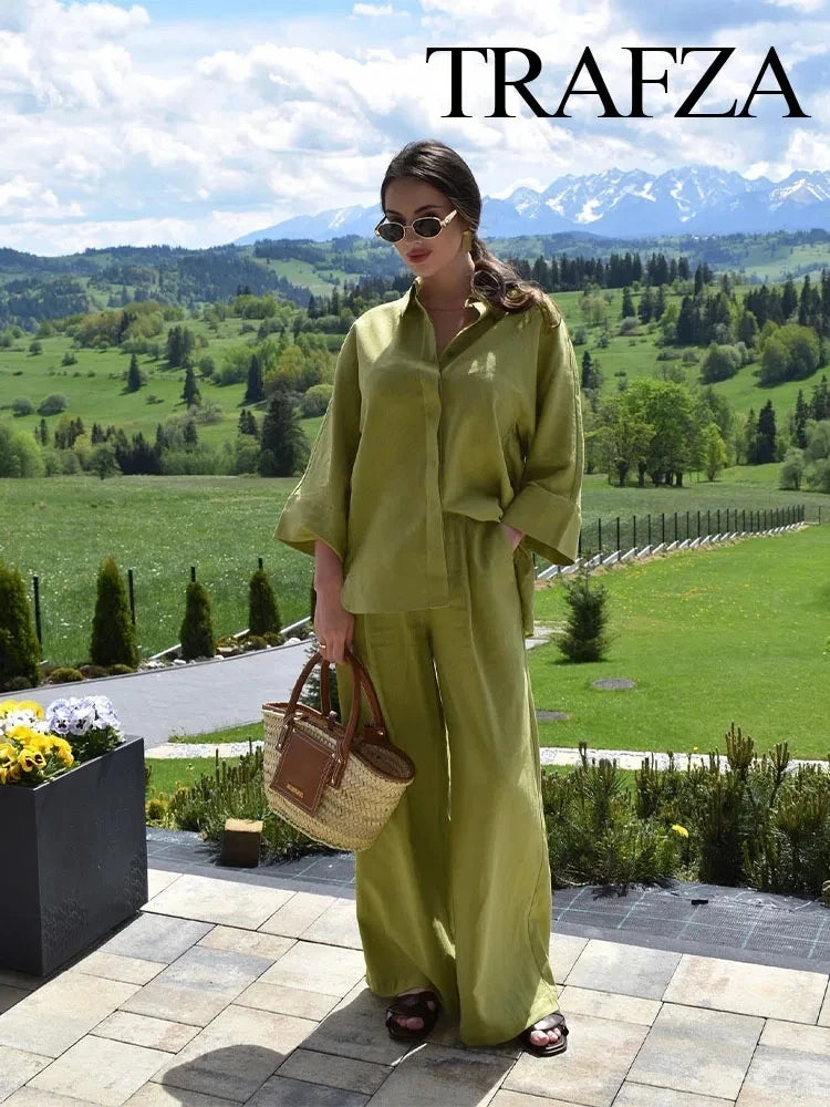 TRAFZA 2024 Women 2 Piece Set Elastic Waist Pocket Folds Decorate Wide Leg Pants+Solid Single-Breasted Slit Hem Blouse Top