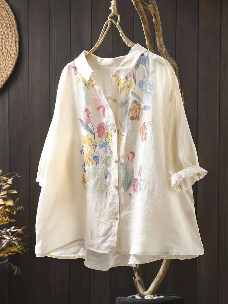 Vrouwen artistieke zomerbloemenprint Ramie blouse