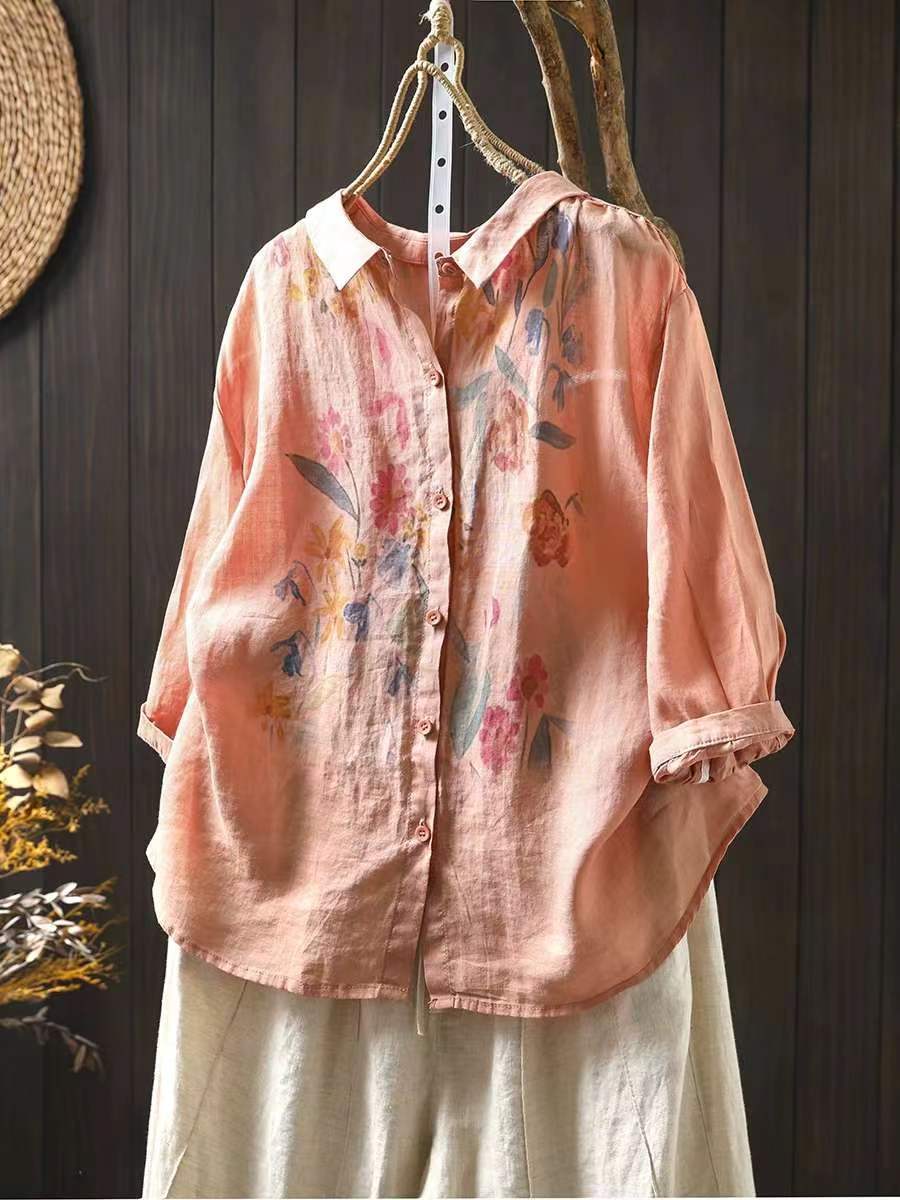Vrouwen artistieke zomerbloemenprint Ramie blouse