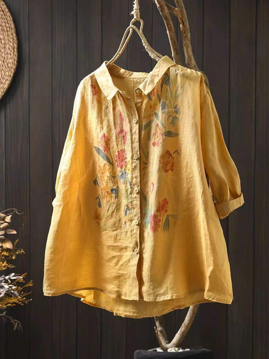 Vrouwen artistieke zomerbloemenprint Ramie blouse